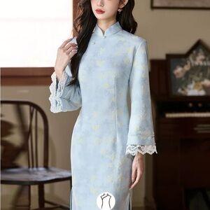 Elegant Blue Lace Trim Dress